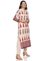 Women's Cotton Hand Block Printed with Thread Work Straight Kurta Pant with Dupatta Set Off (White & Rust) - Image 6
