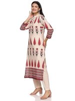 Women's Cotton Hand Block Printed with Thread Work Straight Kurta Pant with Dupatta Set Off (White & Rust) - Image 5