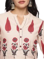 Women's Cotton Hand Block Printed with Thread Work Straight Kurta Pant with Dupatta Set Off (White & Rust) - Image 4