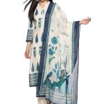 Women's Cotton Hand Block Printed with Thread Work Straight Kurta Pant with Dupatta Set (Off White & Green)