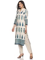 Women's Cotton Hand Block Printed with Thread Work Straight Kurta Pant with Dupatta Set (Off White & Green) - Image 3