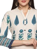 Women's Cotton Hand Block Printed with Thread Work Straight Kurta Pant with Dupatta Set (Off White & Green) - Image 5