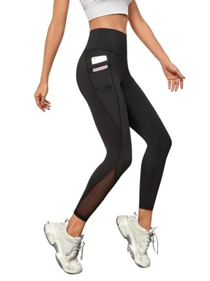 Gym wear Mesh Leggings Workout Pants with Side Pockets/Stretchable Tights/Highwaist Sports Fitness Yoga Track Pants for Women & Girls (Black)