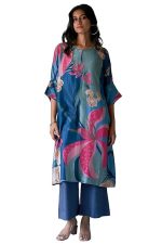 Women's Floral Printed Knee Length V Neck Rayon Kurta And Pant Set For Office Wear, Regular Wear And Casual Wear, Co-ords Set For Women, Printed Kurta Set (Blue)