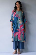Women's Floral Printed Knee Length V Neck Rayon Kurta And Pant Set For Office Wear, Regular Wear And Casual Wear, Co-ords Set For Women, Printed Kurta Set (Blue) - Image 2