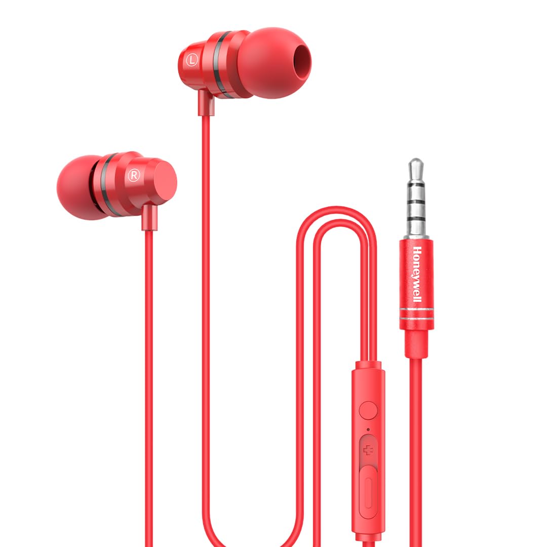 V50Red1 Moxie V50 Wired Earphones with Built in Mic, 10mm*2 Drivers, Passive Noise Cancellation, Deep Bass & Clear Sound, Ultra HD Mic Quality, 3.5mm AUX, Voice Assistant Enabled, 1.2 Mtr (Red) - Image 1