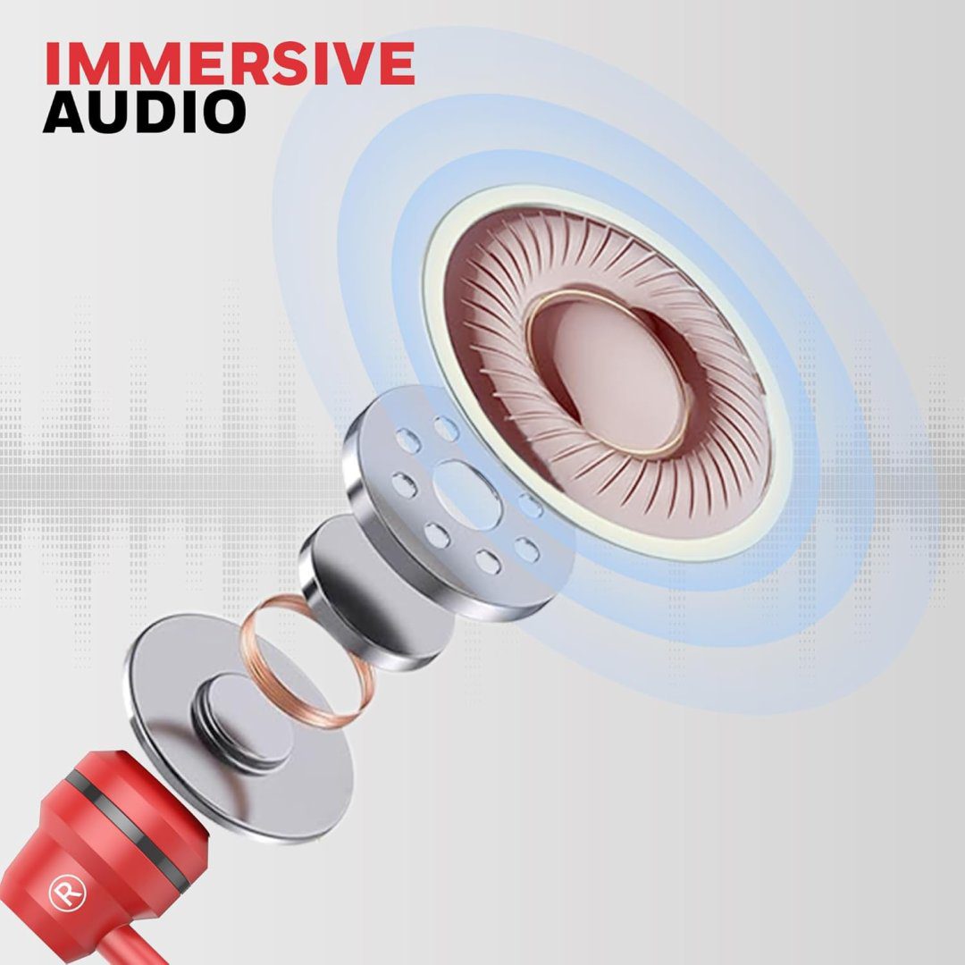 V50Red2 Moxie V50 Wired Earphones with Built in Mic, 10mm*2 Drivers, Passive Noise Cancellation, Deep Bass & Clear Sound, Ultra HD Mic Quality, 3.5mm AUX, Voice Assistant Enabled, 1.2 Mtr (Red) - Image 2