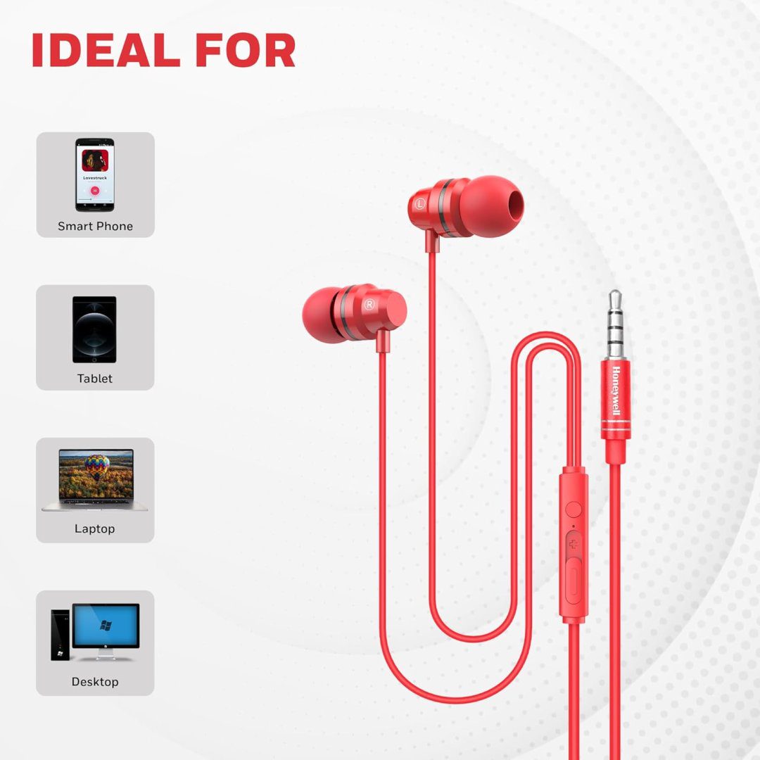 V50Red5 Moxie V50 Wired Earphones with Built in Mic, 10mm*2 Drivers, Passive Noise Cancellation, Deep Bass & Clear Sound, Ultra HD Mic Quality, 3.5mm AUX, Voice Assistant Enabled, 1.2 Mtr (Red) - Image 4