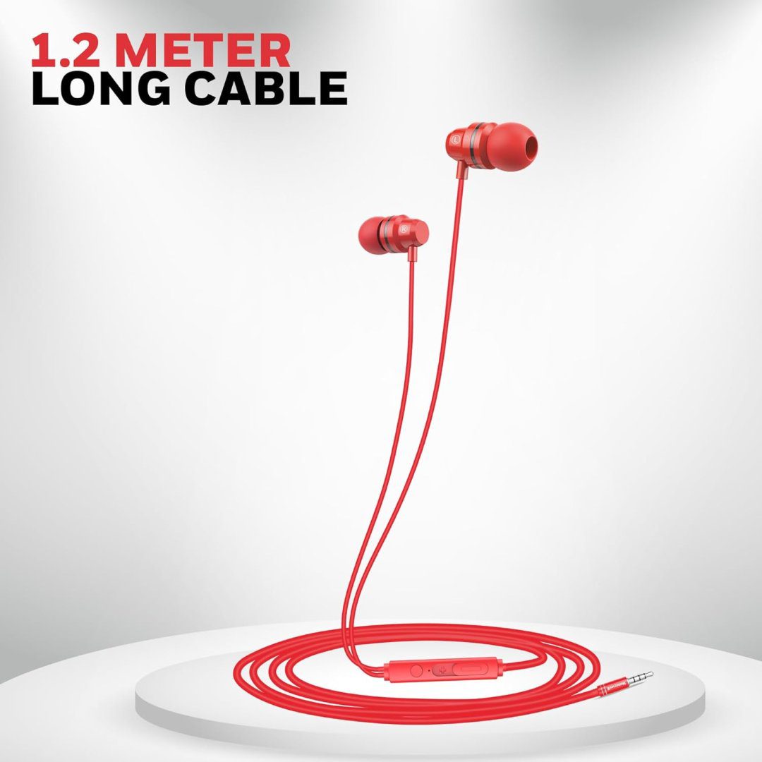 V50Red6 Moxie V50 Wired Earphones with Built in Mic, 10mm*2 Drivers, Passive Noise Cancellation, Deep Bass & Clear Sound, Ultra HD Mic Quality, 3.5mm AUX, Voice Assistant Enabled, 1.2 Mtr (Red) - Image 3