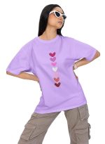 Women's 100% Pure Cotton Casual Printed Round Neck, Oversized Drop Shoulder Boho Style T-Shirt (Lavender)