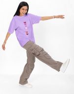 Women's 100% Pure Cotton Casual Printed Round Neck, Oversized Drop Shoulder Boho Style T-Shirt (Lavender) - Image 2