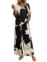 Women's Casual Elegant Black Floral Printed Batwing V-Neck Blouse, Sleeve Shirt, Wide Long Pants for Ladies 2pcs/Set, Spring Outfits For Women