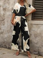 Women's Casual Elegant Black Floral Printed Batwing V-Neck Blouse, Sleeve Shirt, Wide Long Pants for Ladies 2pcs/Set, Spring Outfits For Women - Image 2