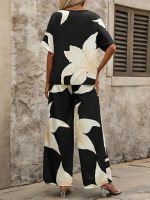 Women's Casual Elegant Black Floral Printed Batwing V-Neck Blouse, Sleeve Shirt, Wide Long Pants for Ladies 2pcs/Set, Spring Outfits For Women - Image 4