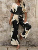 Women's Casual Elegant Black Floral Printed Batwing V-Neck Blouse, Sleeve Shirt, Wide Long Pants for Ladies 2pcs/Set, Spring Outfits For Women - Image 3